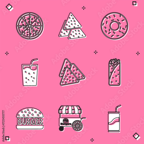 Set Pizza, Nachos, Donut, Glass with water, Burrito, Burger and Fast street food cart icon. Vector