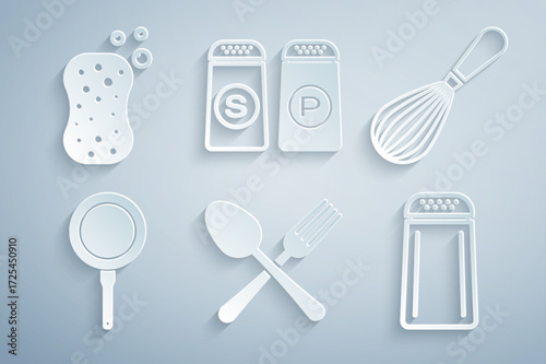 Set Crossed fork and spoon, Kitchen whisk, Frying pan, Salt pepper, and Sponge with bubbles icon. Vector