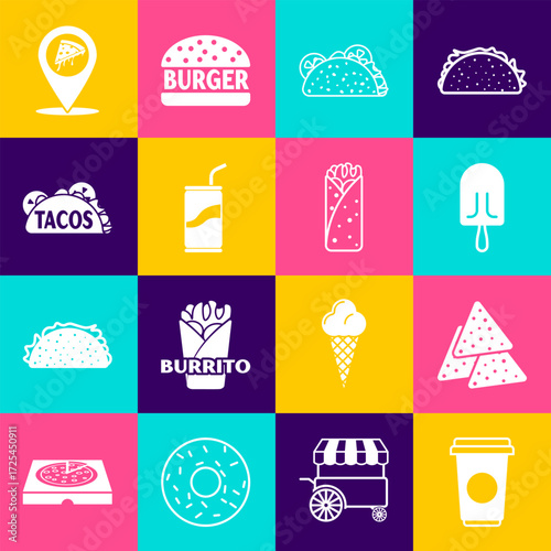 Set Coffee cup, Nachos, Ice cream, Taco with tortilla, Soda can drinking straw, Location slice pizza and Burrito icon. Vector