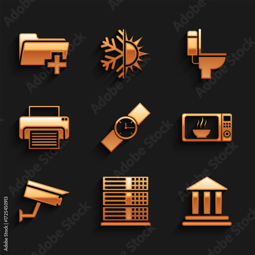 Set Wrist watch, Server, Data, Web Hosting, Bank building, Microwave oven, Security camera and Printer icon. Vector