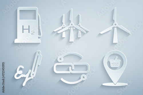 Set Chain link line, Wind turbine, Signature, Location shopping basket, turbines and Hydrogen filling station icon. Vector