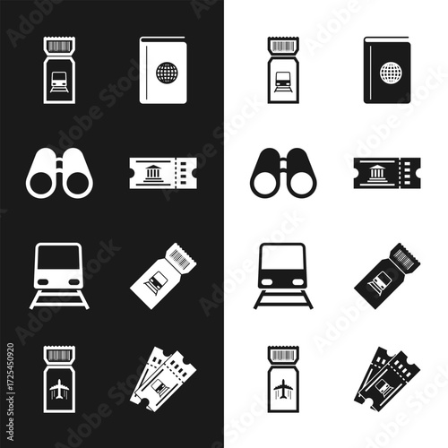 Set Museum ticket, Binoculars, Train, Cover book travel guide, and Airline icon. Vector