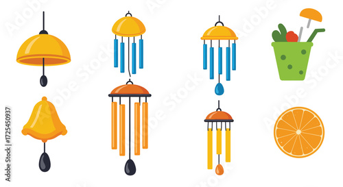 Colorful wind chimes citrus slice and a refreshing summer drink illustration