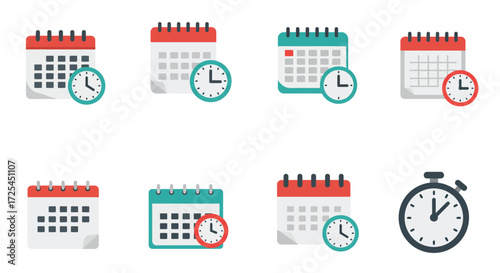 Various calendar icons and clocks representing time and scheduling concepts