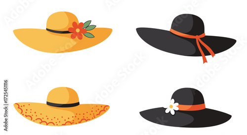 Collection of colorful summer hats with floral embellishments flat design illustration