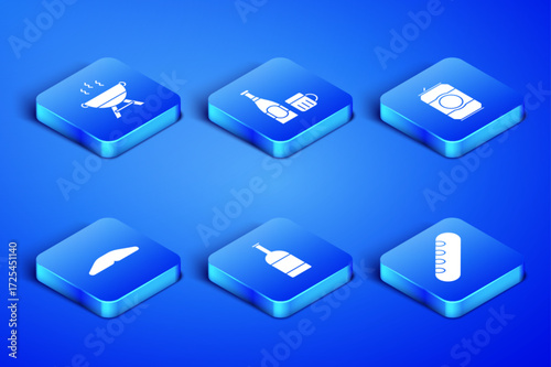 Set French baguette bread, Barbecue grill, Beer bottle, Homemade pie, and glass and can icon. Vector