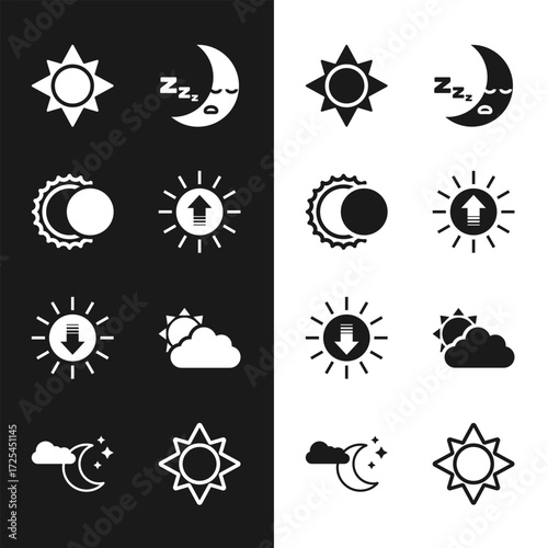 Set Sunset, Eclipse of the sun, Moon icon, and cloud weather, and Cloud with moon stars icon. Vector