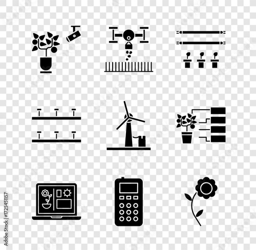 Set Smart farming technology, with drone, bulb and plant, Remote control, Flower, Automatic irrigation sprinklers and Wind turbine icon. Vector