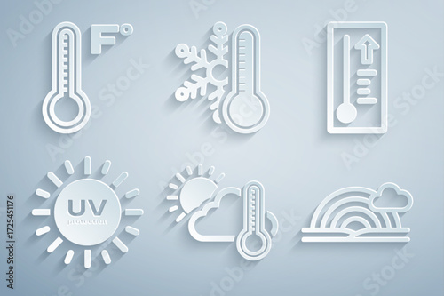 Set Thermometer and cloud, sun, Meteorology thermometer, UV protection, Rainbow with, snowflake and icon. Vector