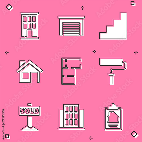 Set House, Garage, Staircase, plan, Paint roller brush, Hanging sign with text Sold and icon. Vector