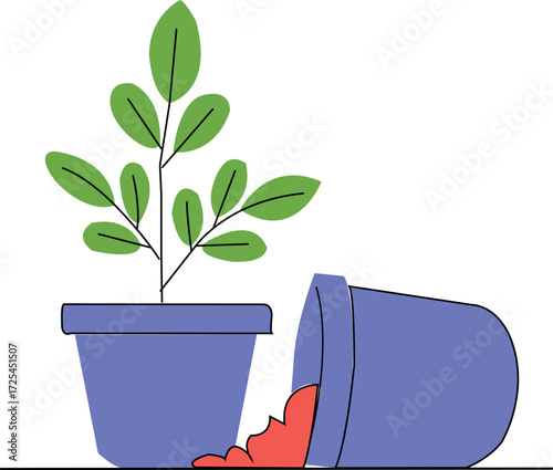 Fallen Flower Pot Illustration – Broken Pot with Green Plant and Soil
