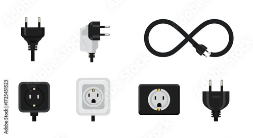 Collection of various power plugs sockets and a tangled black cable