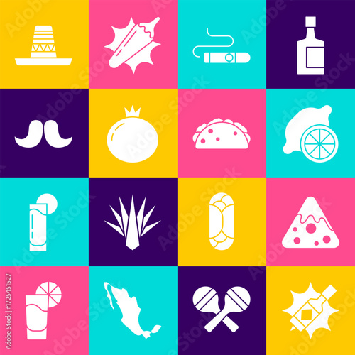 Set Tabasco sauce, Nachos, Lemon, Cigar, Tomato, Mustache, Mexican sombrero and Taco with tortilla icon. Vector