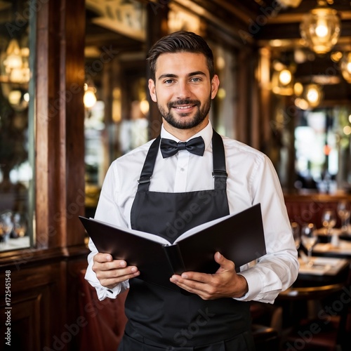 Smiling waiter holding a menu in a restaurant with elegant decor  