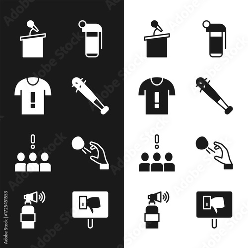 Set Baseball bat with nails, T-shirt protest, Stage stand or tribune, Hand grenade, Crowd, Hooligan shooting stones, Protest and Air horn icon. Vector