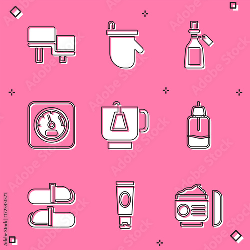 Set Sauna wood bench, mittens, Essential oil bottle, thermometer, Cup of tea with tea bag, slippers and Cream or lotion cosmetic tube icon. Vector