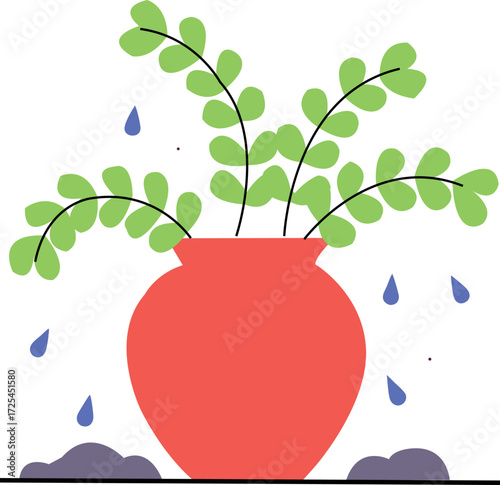 Watered Plant in Red Pot Illustration – Gardening, Growth and Nature Care Concept