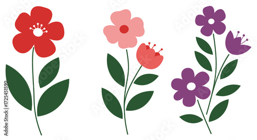 A simple illustration depicting four colorful flowers with green stems