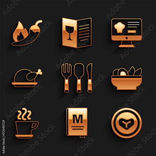 Set Fork, spoon and knife, Restaurant cafe menu, Steak meat plate, Nachos in, Coffee cup, Roasted turkey chicken, Online ordering delivery and Hot chili pepper pod icon. Vector