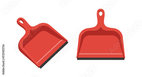 Two red dustpans rest on a white surface cleaning tools displayed