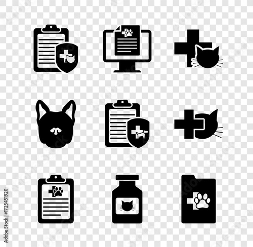 Set Clinical record pet, on monitor, Veterinary clinic, , Cat medicine bottle and icon. Vector