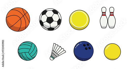 Various sports equipment including balls shuttlecock and bowling pins shown