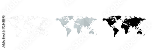 Three world maps in white grey and black global earth
