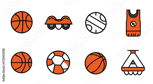 Colorful icons representing basketball soccer and athletic gear are displayed