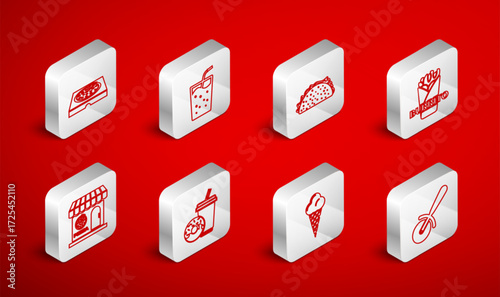 Set line Pizza knife, Glass with water, Taco tortilla, Burrito, Ice cream in waffle cone, cardboard box, Soda drink donut and Pizzeria building facade icon. Vector