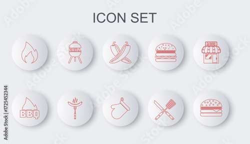 Set line Burger, Barbecue fire flame, Crossed hot chili pepper pod, knife and spatula, Fire, grill, Sausage on the fork and Oven glove icon. Vector