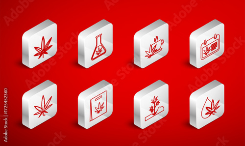 Set line Marijuana or cannabis leaf oil, Test tube with marijuana, Cup tea, Calendar and, Planting, Shopping bag of and icon. Vector
