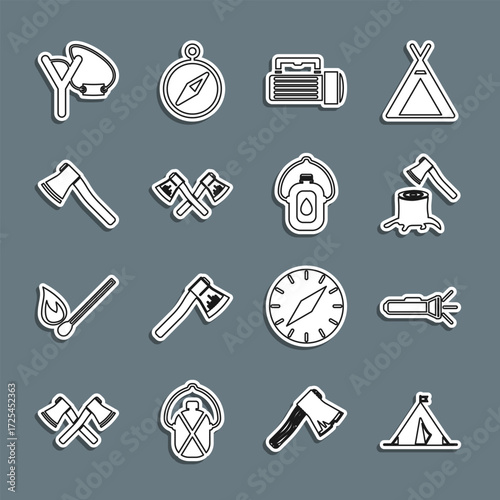 Set line Tourist tent with flag, Flashlight, Wooden axe in stump, Crossed wooden, Slingshot and Canteen water bottle icon. Vector