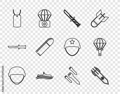 Set line Military helmet, Biohazard rocket, knife, Submarine, dog tag, Bullet, Rocket and Parachute icon. Vector
