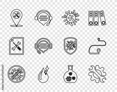 Set line Stop virus, bacteria, Wrench and gear, Bacteria, Clean water drop, Location service, Headphones with speech bubble chat, Test tube and Route location icon. Vector