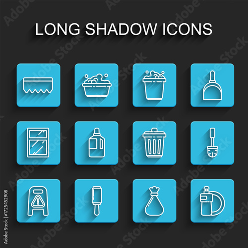 Set line Wet floor and cleaning in progress, Adhesive roller, Sponge with bubbles, Garbage bag, Dishwashing liquid bottle plate, Fabric softener, Toilet brush and Trash can icon. Vector