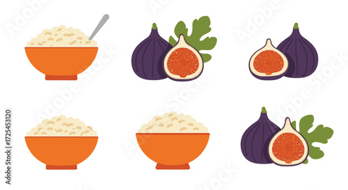A colorful depiction of figs and a creamy breakfast cereal in bowls