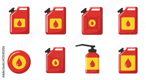 Collection of red and yellow fuel cans and related containers
