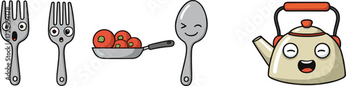 Cartoon kitchen utensils with cute faces, fork, spoon, frying pan, kettle, tomatoes, cooking tools illustration, food design, vector drawing