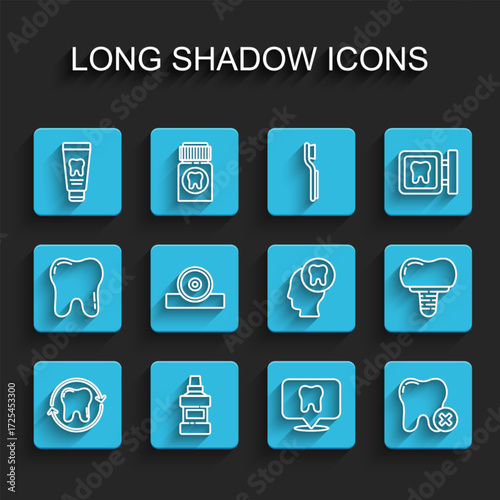 Set line Tooth whitening, Mouthwash bottle, Tube of toothpaste, Dental clinic location, with caries, Otolaryngological head reflector, implant and Human icon. Vector