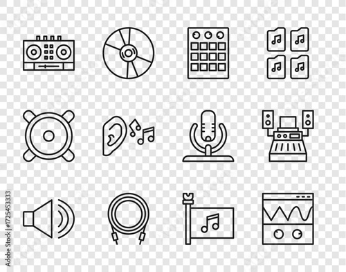 Set line Speaker volume, Oscilloscope, Drum machine, Audio jack, DJ remote and mixing music, Ear listen sound signal, Music festival flag and recording studio icon. Vector