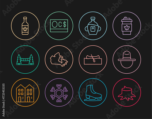 Set line Tree stump, Canadian ranger hat, Maple syrup, Canada map, Capilano Suspension Bridge, Beer bottle, Kayak or canoe and dollar icon. Vector