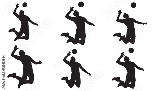 Silhouettes of multipull Volleyball Players Jumping