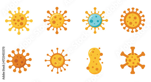 Illustrations of various virus particles in yellow and orange hues