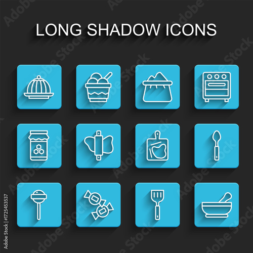 Set line Lollipop, Candy, Pudding custard, Spatula, Mortar pestle, Rolling pin on dough, Spoon and Cutting board icon. Vector