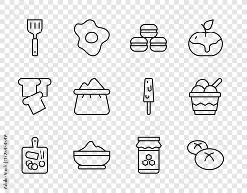 Set line Cutting board, Bread loaf, Macaron cookie, Flour bowl, Spatula, Bag of flour, Jar honey and Ice cream icon. Vector