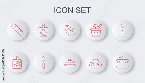 Set line Bag of flour, Cutting board, Bread loaf, Croissant, French baguette bread, Spoon and Homemade pie icon. Vector