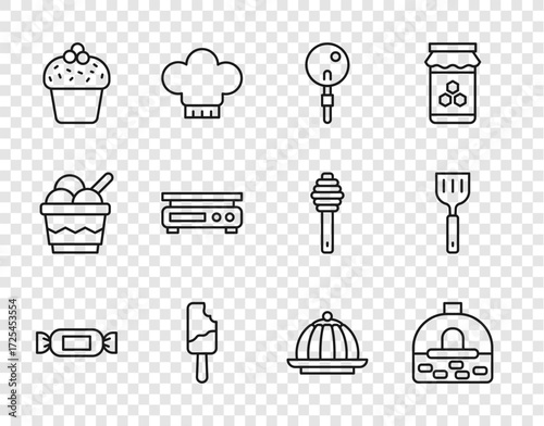 Set line Candy, Brick stove, Lollipop, Ice cream, Cake, Electronic scales, Pudding custard and Spatula icon. Vector