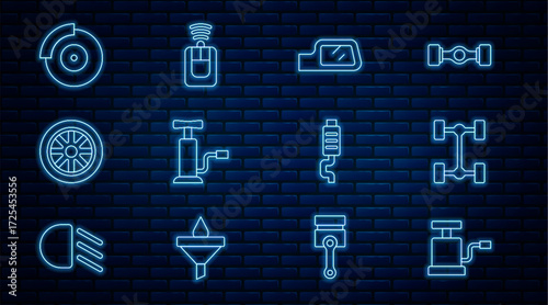 Set line Car air pump, Chassis car, mirror, wheel, brake disk with caliper, muffler and key remote icon. Vector