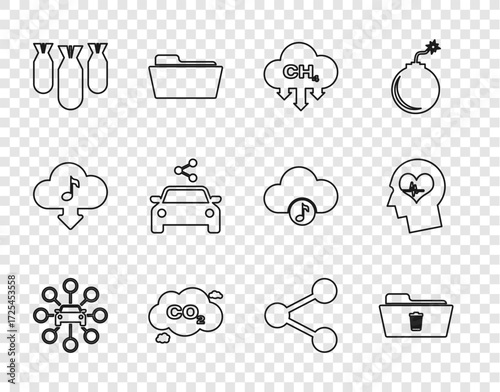 Set line Car sharing, Delete folder, Methane emissions reduction, CO2 cloud, Aviation bombs, Share and Head with heartbeat icon. Vector