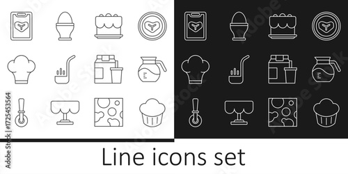 Set line Cupcake, Coffee pot, Cake, Kitchen ladle, Chef hat, Restaurant cafe menu, Online ordering and delivery and Chicken egg on stand icon. Vector